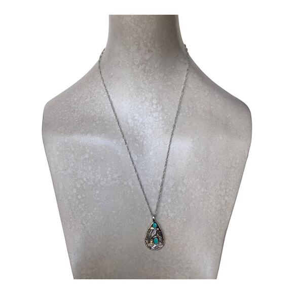 Bohemian Timeless Teardrop Leaf Turquoise Silver Feather Chain Pendant Necklace - Picture 3 of 15